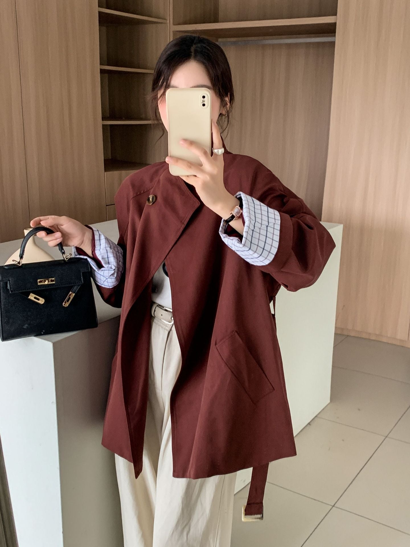 Big Welfare Korean Style Flip Sleeve Mid-length Trench Color Coats