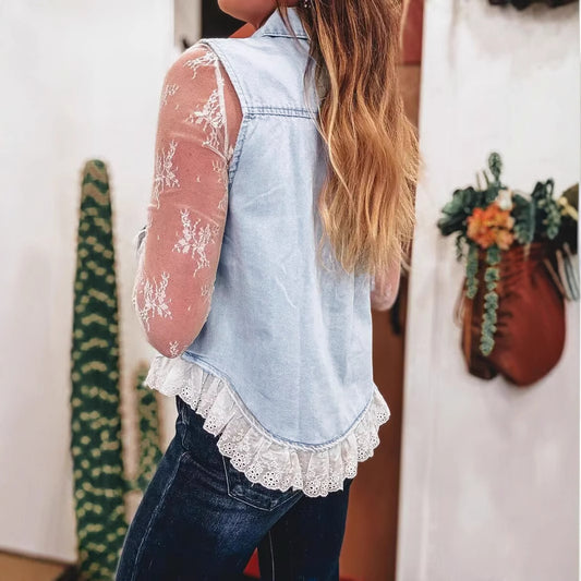 Elegant Russian Lace Stitching Denim Sleeveless Tops