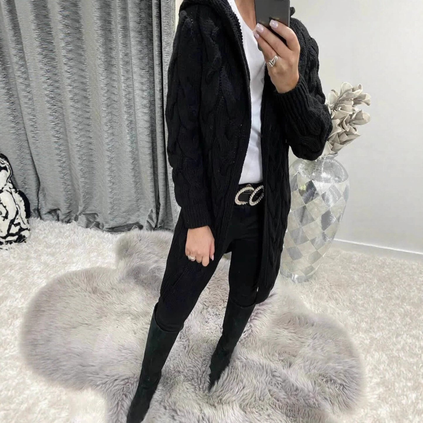 Solid Color Long Knitted Hooded Pocket Knitwear