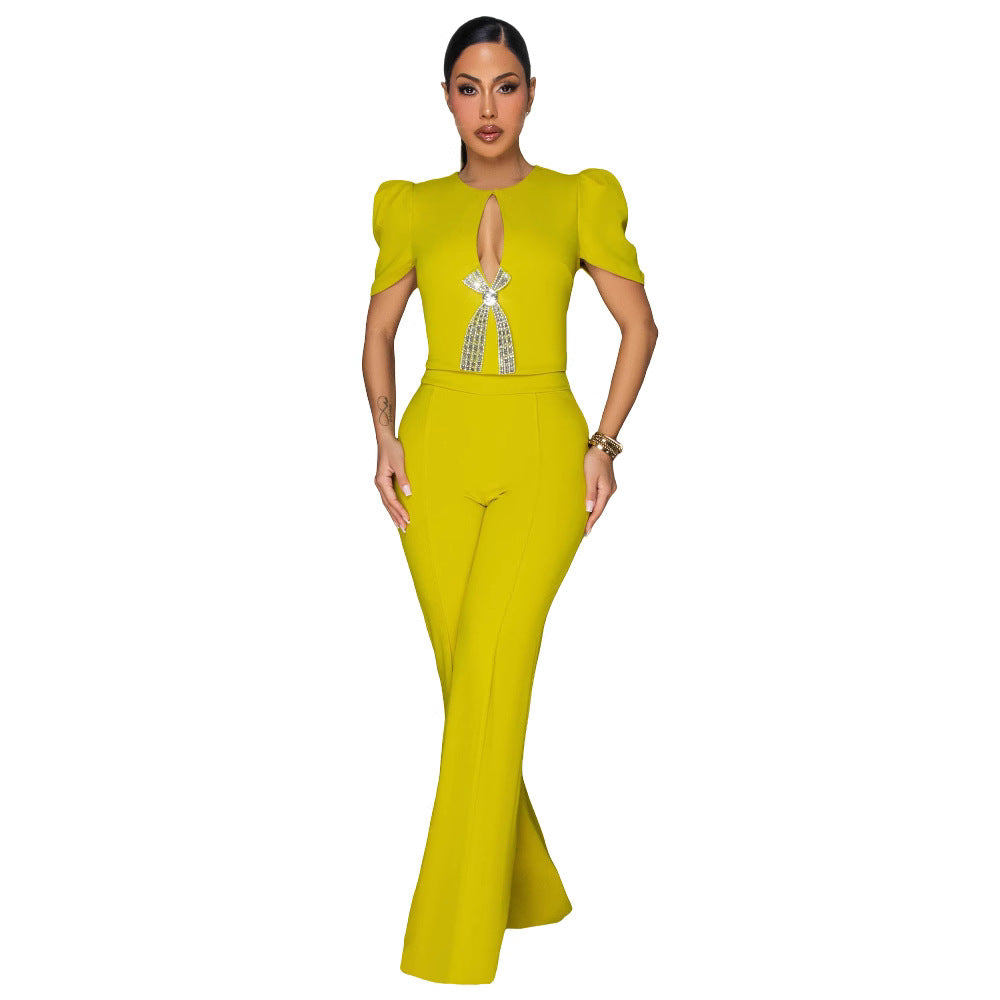 Women's Personalized Line Bow Decoration Short-sleeved Casual Jumpsuits