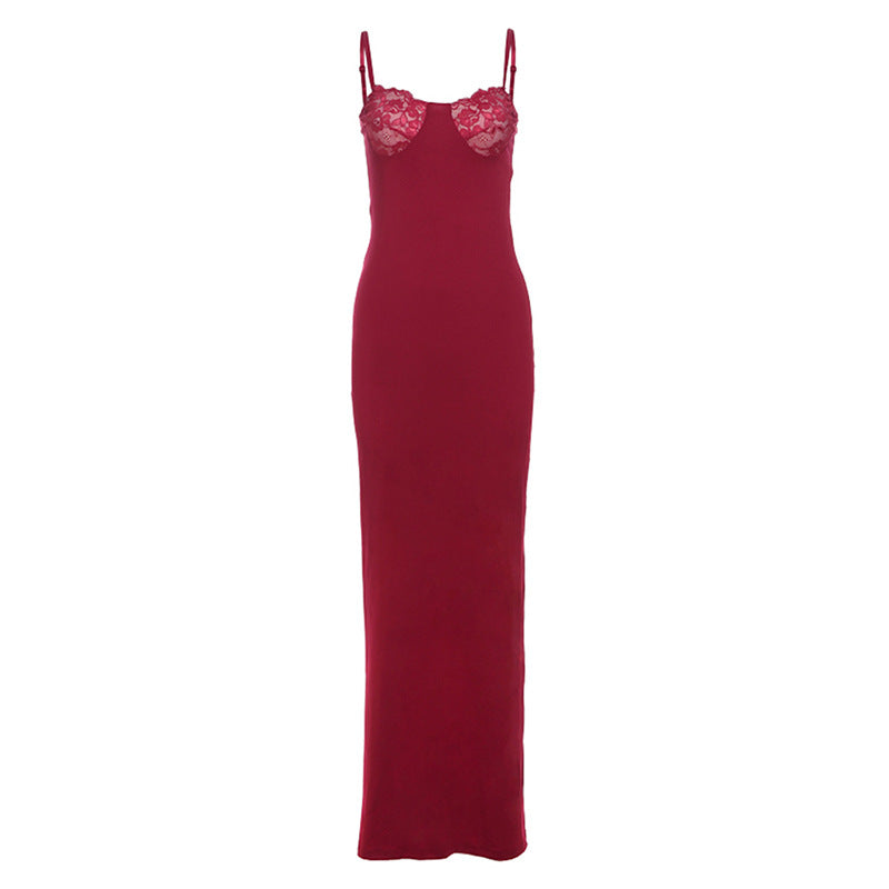 Women's French Style Temperament Lace Splicing Sling Long Dress Dresses