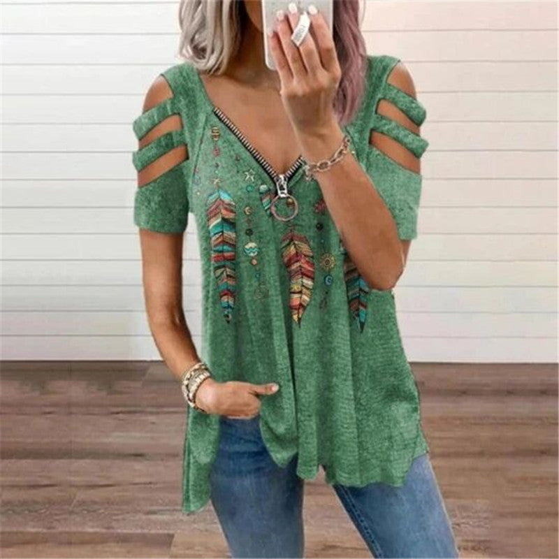 Women's Collar Zipper Pullover Sleeve Loose T-shirt Blouses