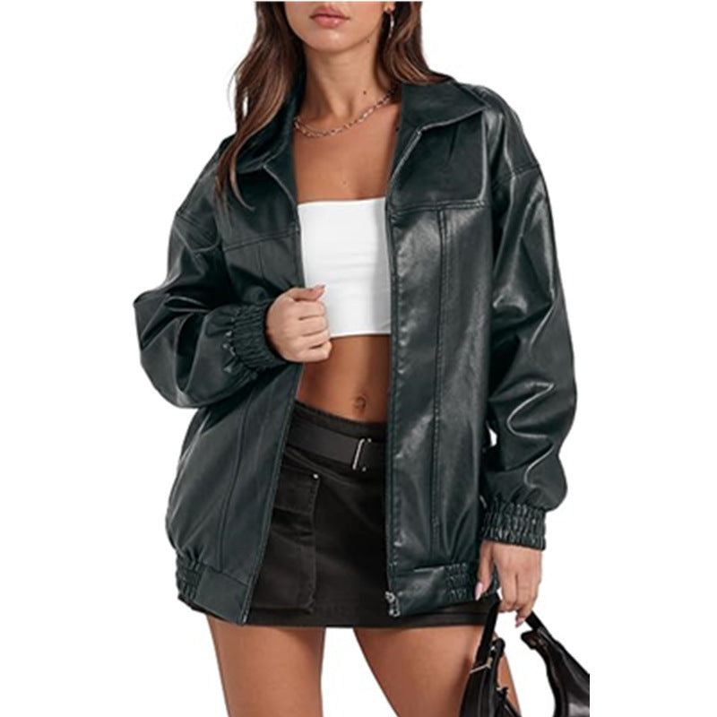 Women's Leather Long Sleeve Lapel Zipper Side Pocket Coats