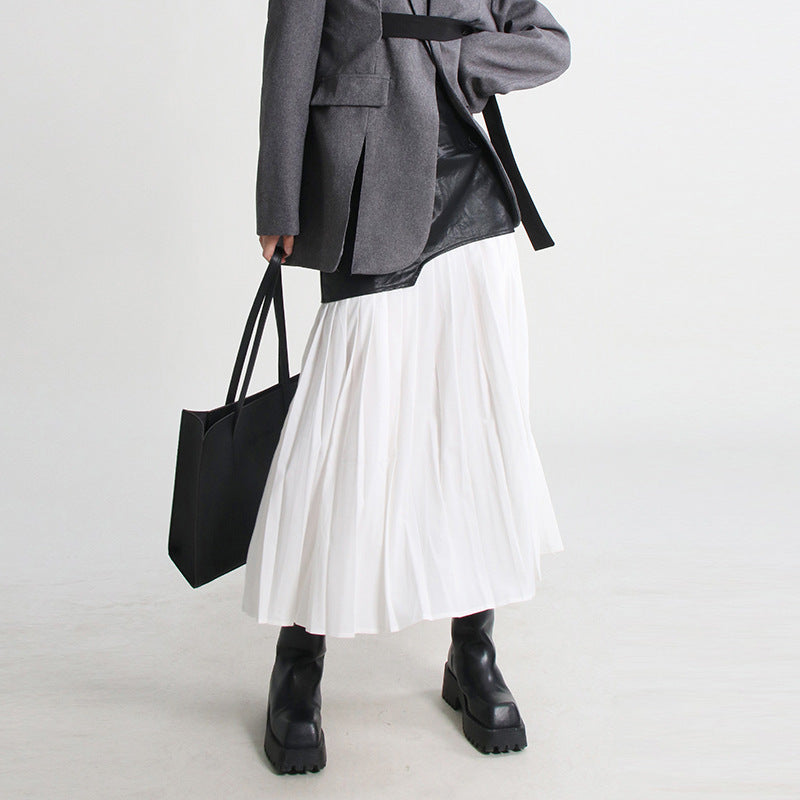 Women's Mid-length Pleated Leather Summer Waist Stitching Skirts