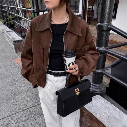 Women's Long Sleeve Suede Brown Small Zipper Blazers