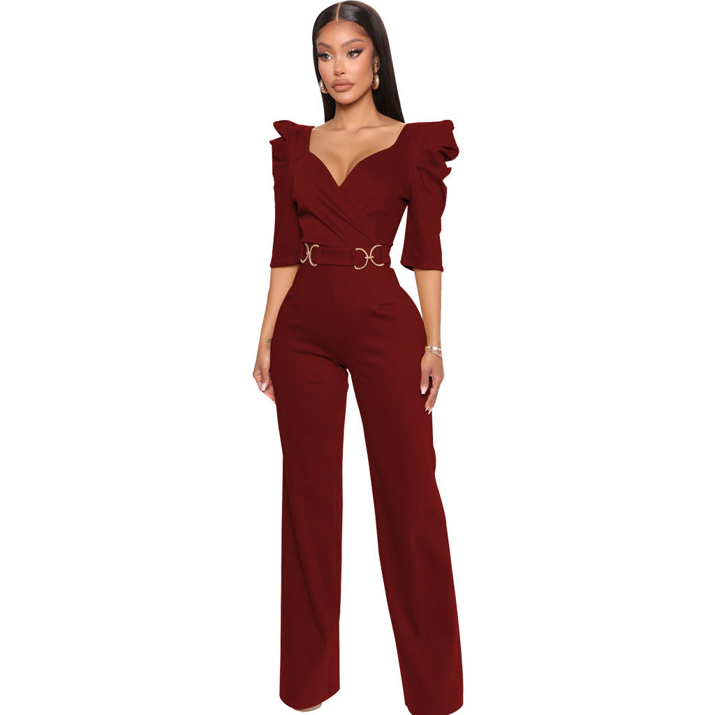 Women's Fashion Solid Color Three-quarter Length Sleeve Sexy Waist Jumpsuits