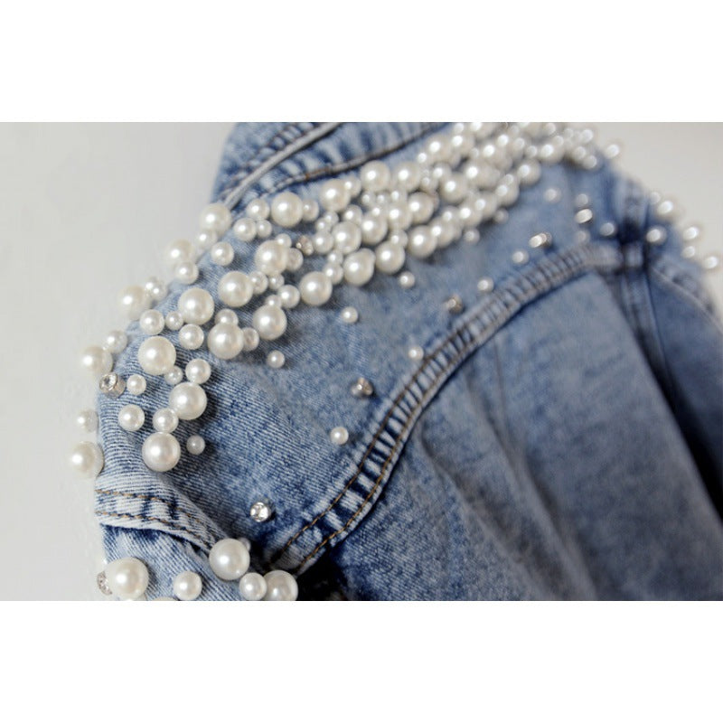 Women's Korean Style Fashion Bead Loose Denim Coats