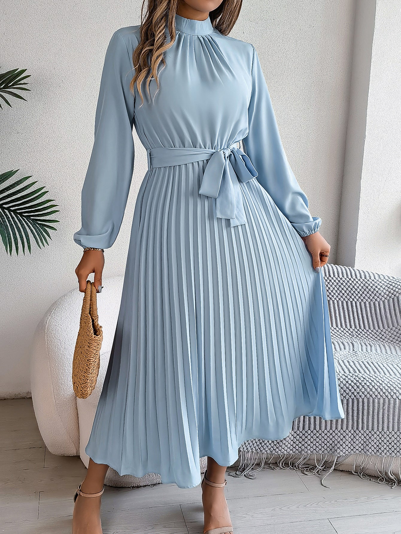 Women's Stand Collar Long Sleeve Cinched Pleated Clothing