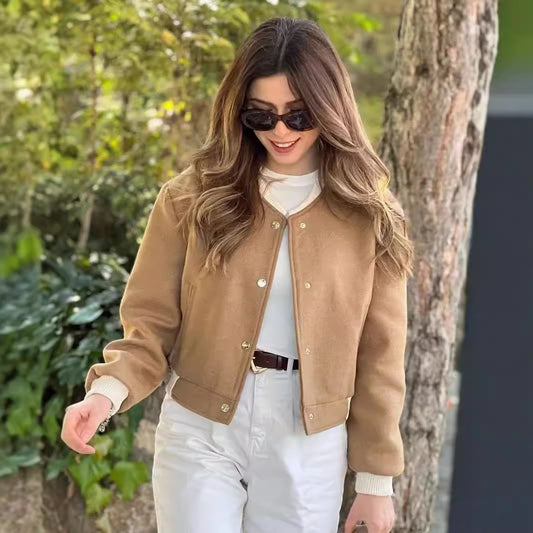 Women's Stand Collar Double Pocket Contrast Color Jackets