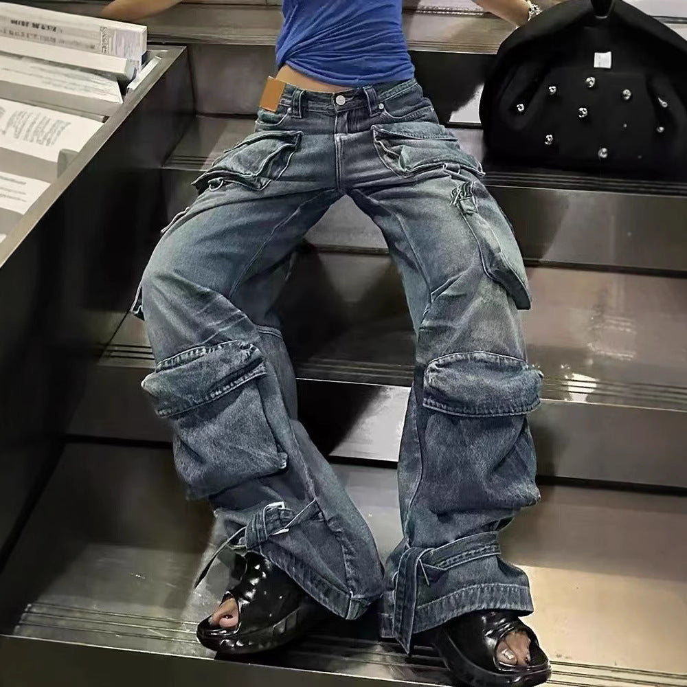 Women's Overalls Street Style Hot Worn Looking Washed-out Wide Pants