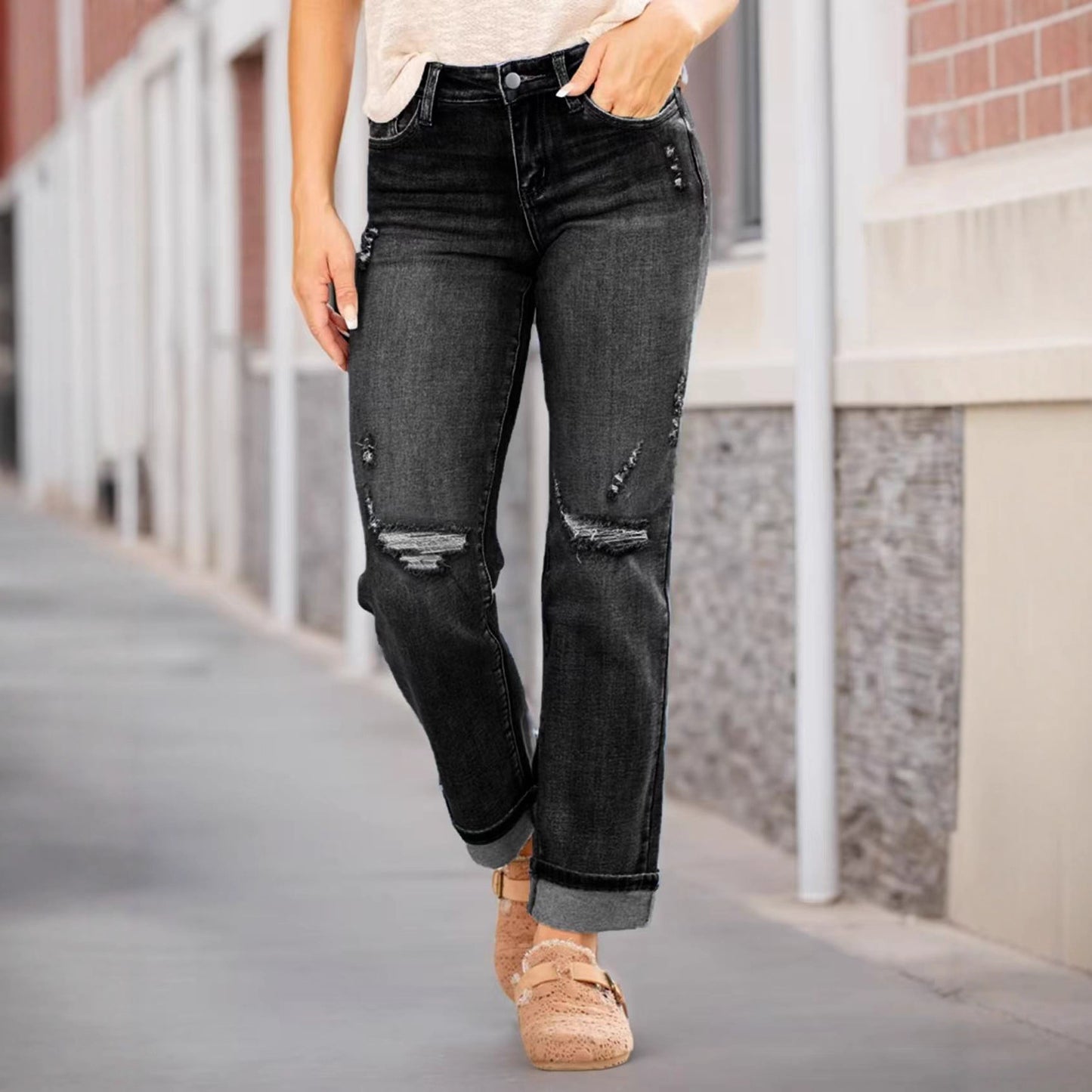 Women's Comfortable Ripped Elastic Straight Denim Trousers Jeans