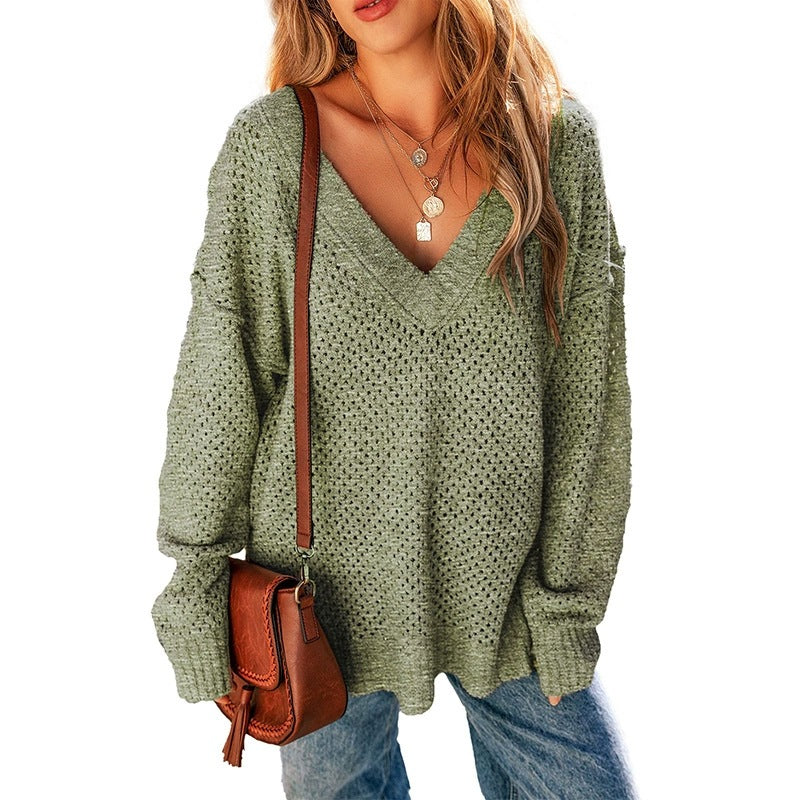 Women's Autumn Solid Color Long-sleeved Simple Hollow Sweaters