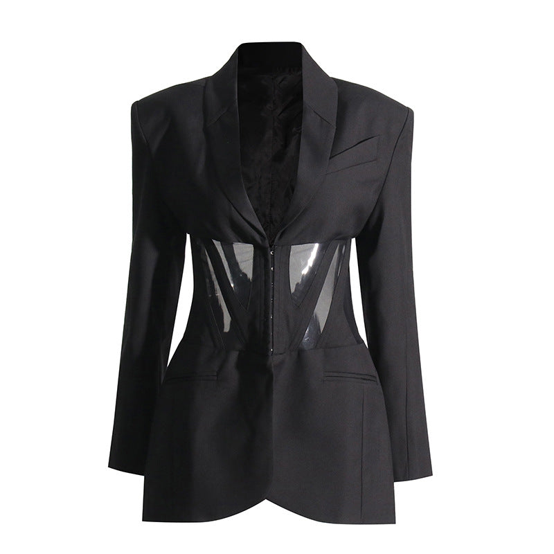 Women's Fishbone Waist Mesh Stitching Design Black Blazers