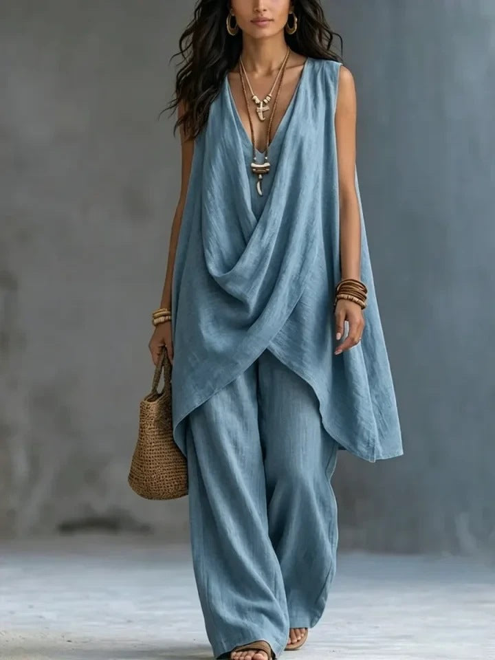Women's Sleeveless Stand Collar Solid Color Loose Temperament Cotton Fashion Casual Suit