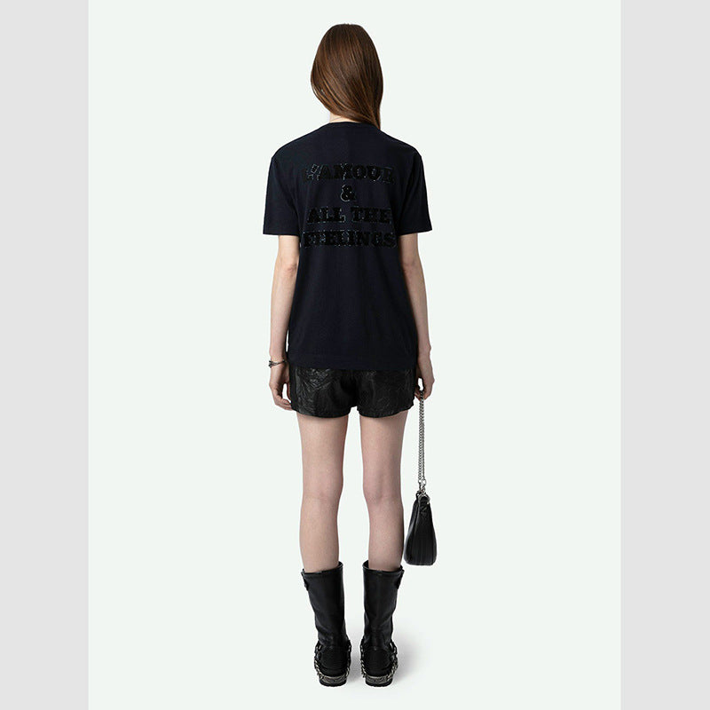 Women's Letters Flocked Printed Hot Rhinestone Cotton Shorts