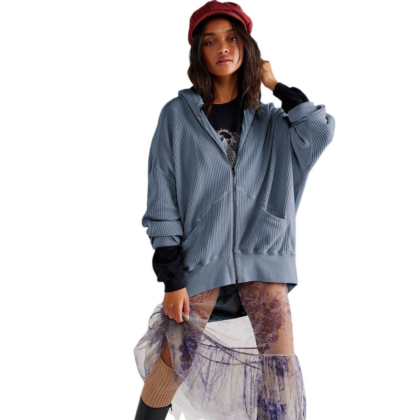 Women's Waffle Zipper Home Wear Outerwear Hoodie Sweaters