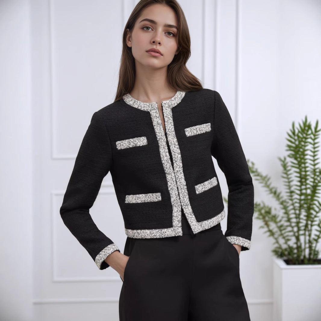 Women's Round Neck Multicolor Trim Design Classic Coats