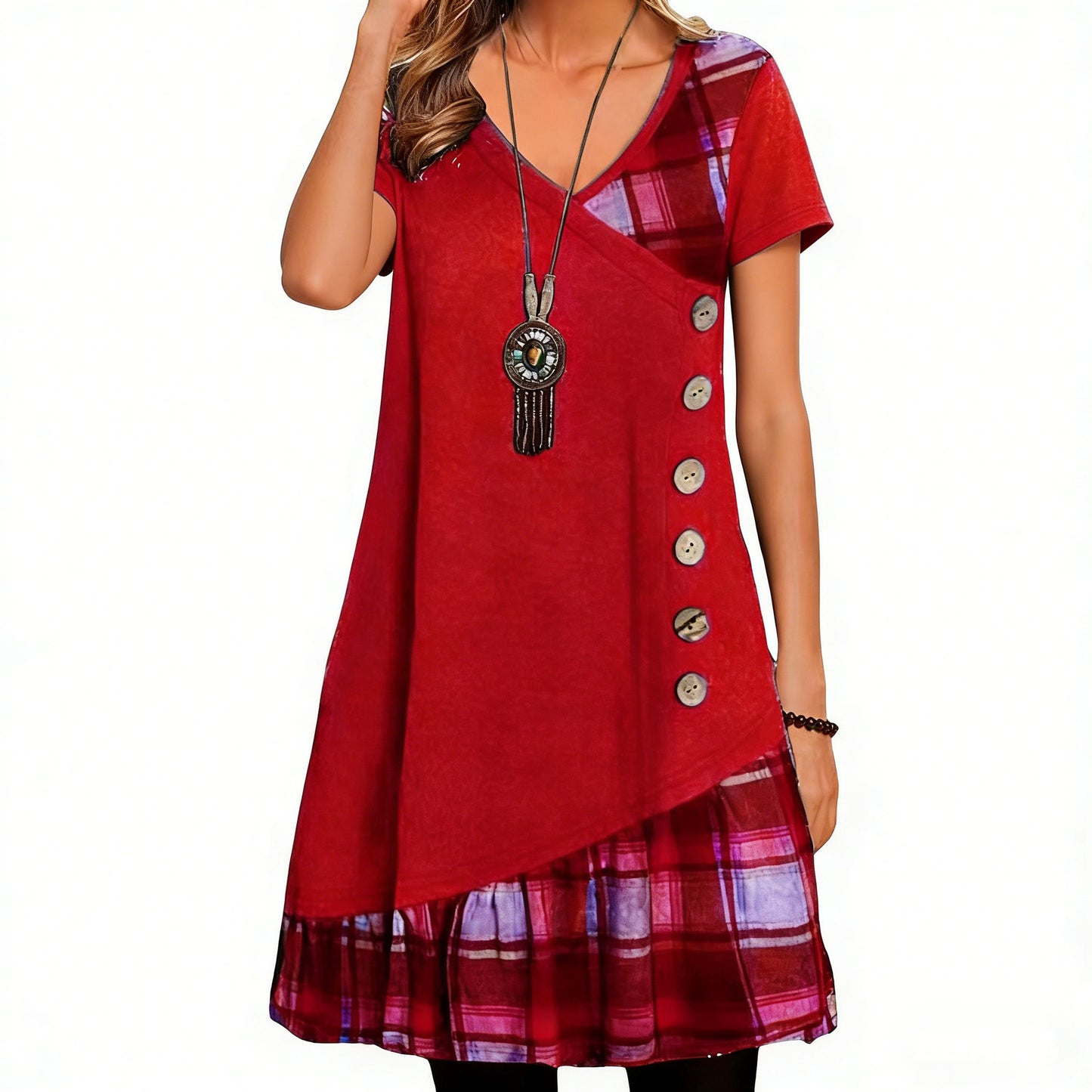Women's Fashion Casual Patchwork Button Sleeve Dress