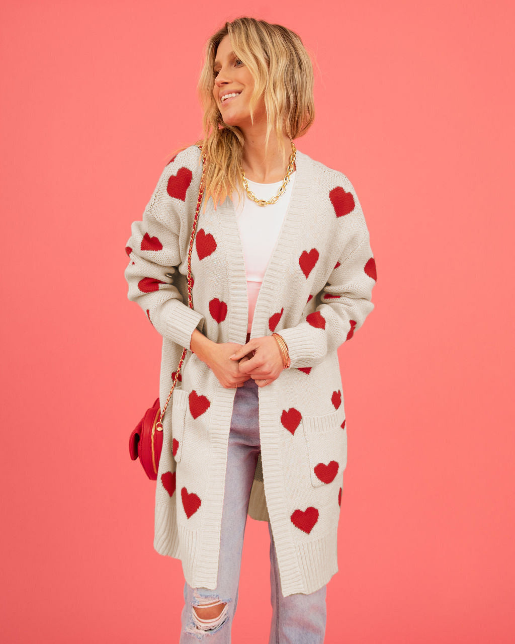 Women's Valentine's Day Heart Knitted Love Pocket Coats