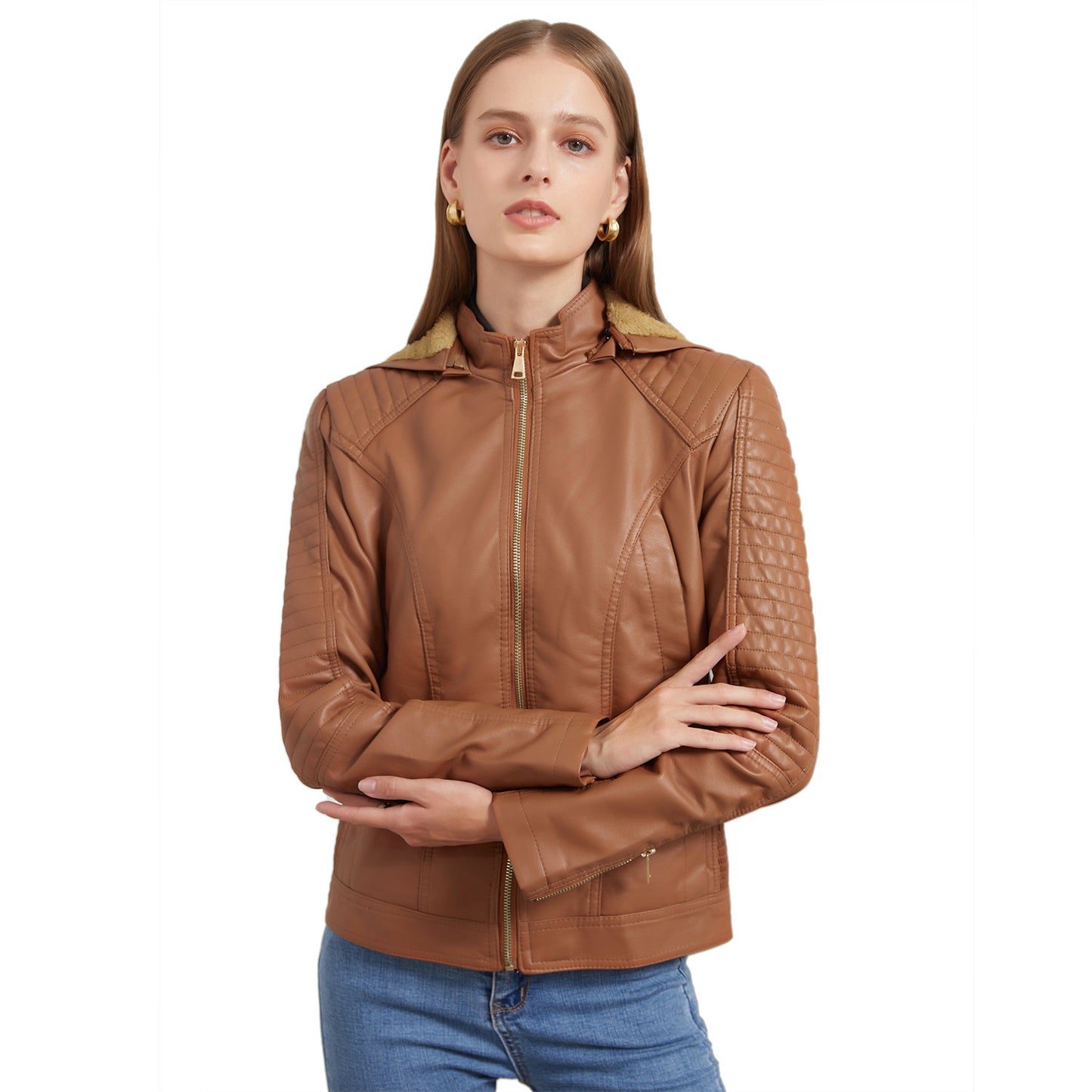 Women's Fleece-lined Leather Hooded Warm Leisure Jackets