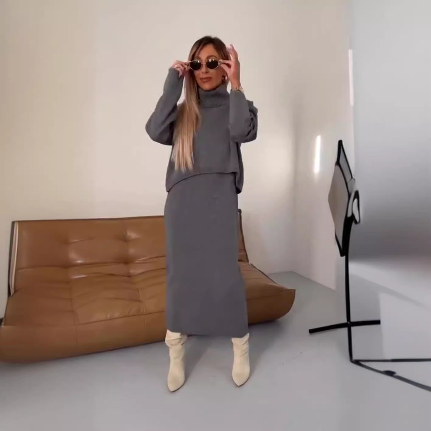 Dress Turtleneck Long Two-piece Solid Color Sweaters