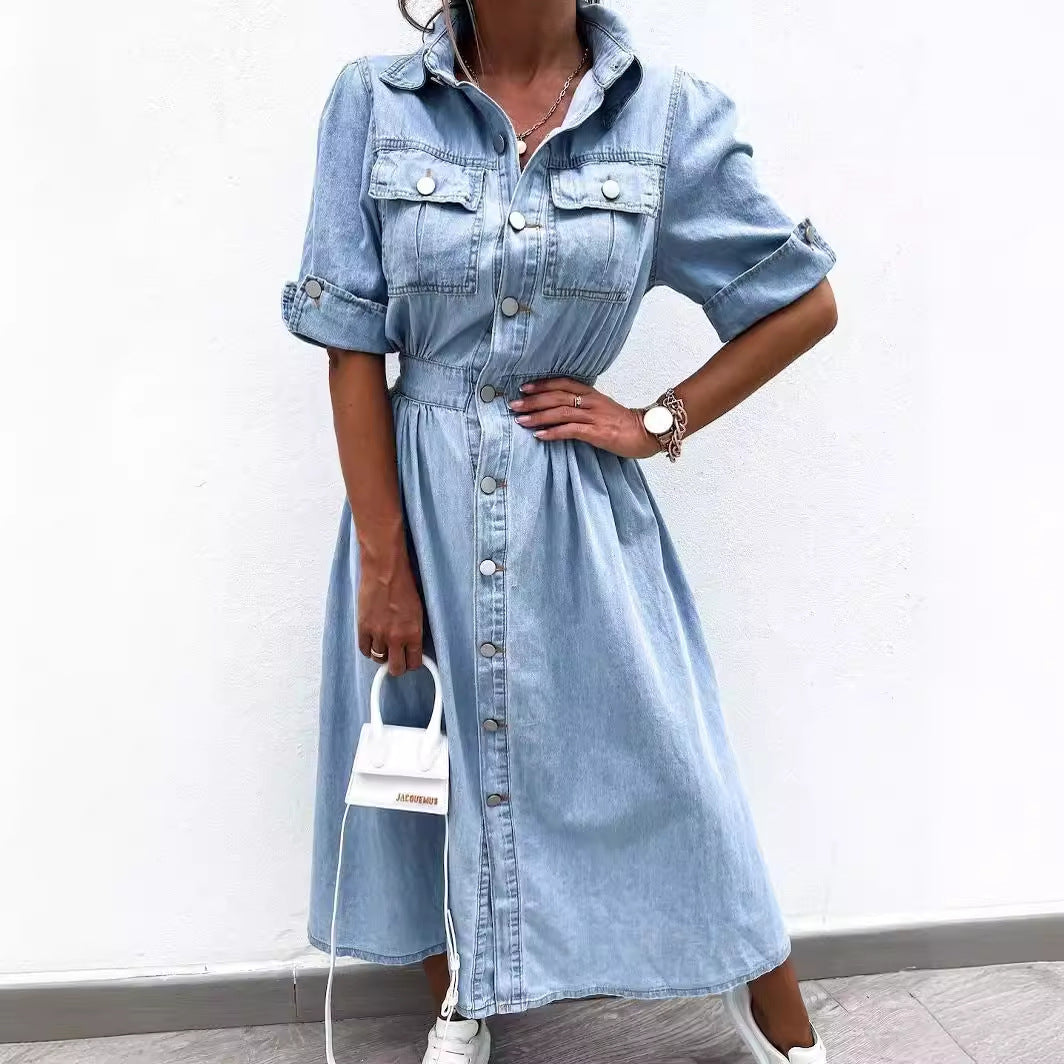 Lapel Breasted Elegant Denim Dress Long Dresses
