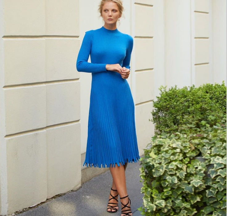 Women's Mid-length Knitted Solid Color Pleated Dress Blouses