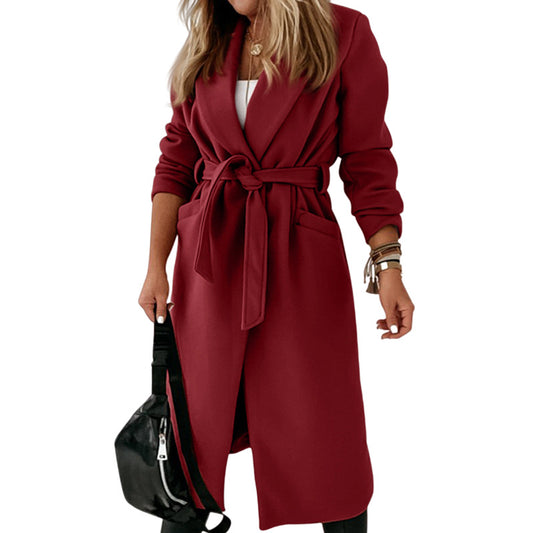 Women's Hot Single Long Woolen Lace Up Coats
