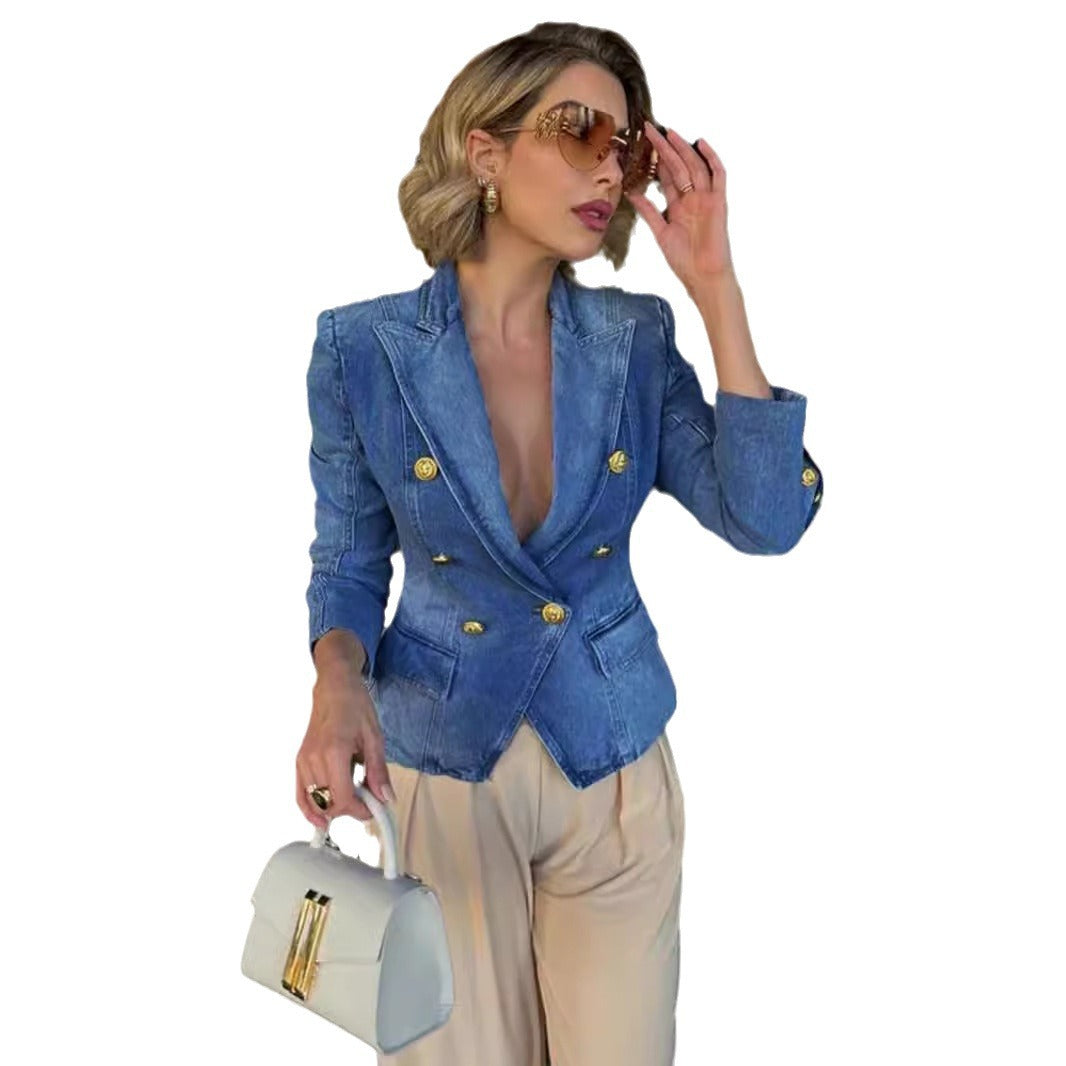Women's Pretty Denim Double Breasted Slim Blazers