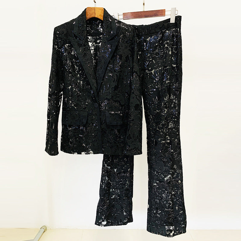Mesh Embroidered Sequined Trousers Two-piece Set Fashion Casual Suit