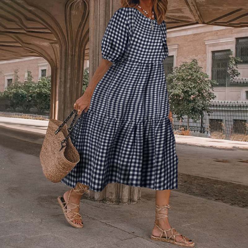 Women's Mid-length Casual Long Sleeve Plaid Frill Loose Dresses