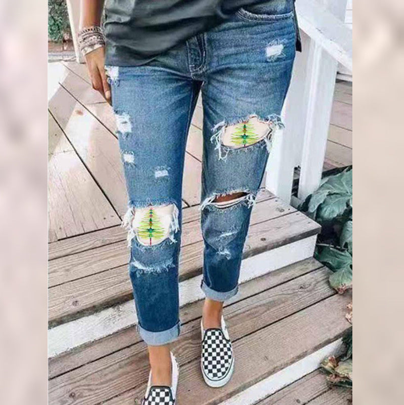 Leopard Ripped Printed Casual Loose Washed-out Jeans