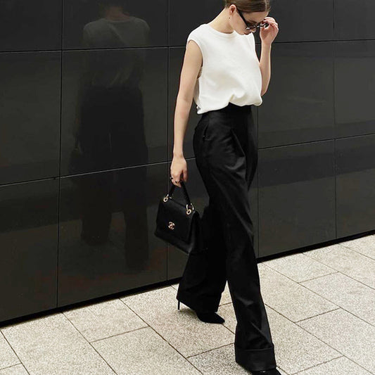 Women's Black Mopping Loose High Waist Commuter Suits