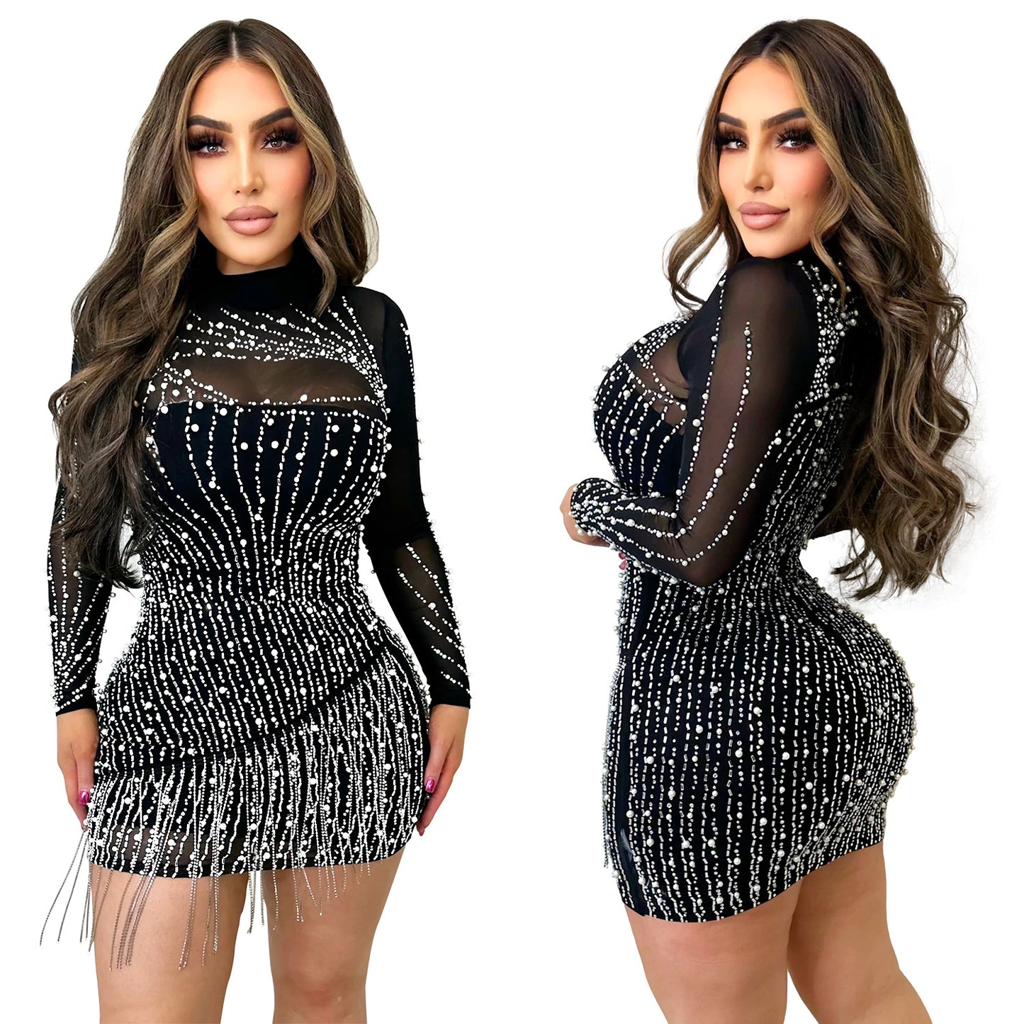 Women's Fashion Wear Long Sleeve Mesh Hot Dresses