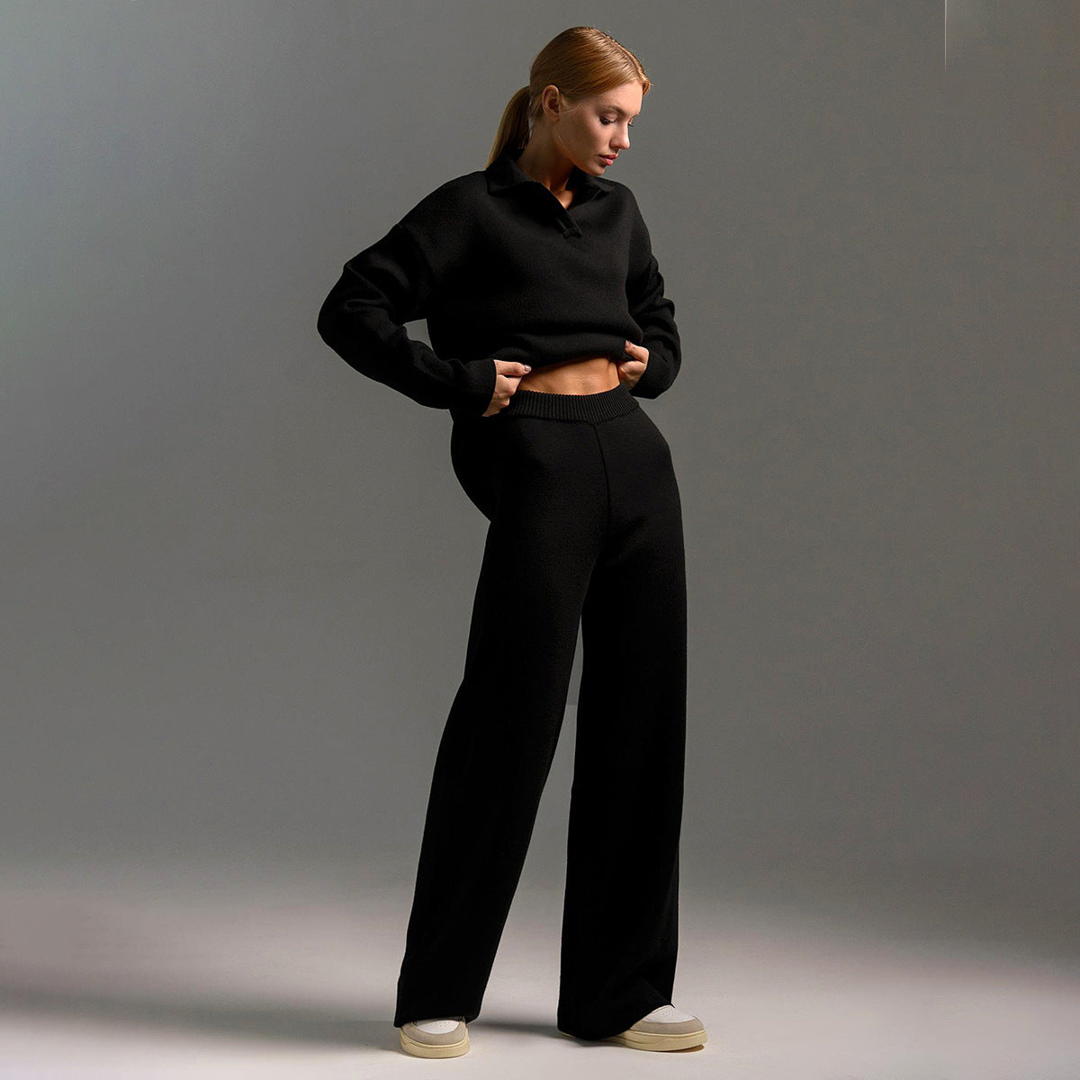 Collar Knitted Pullover Wide Leg Trousers Suits