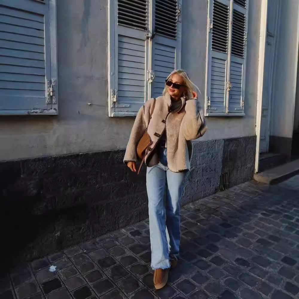 Women's Fleece Loose Stitching Stand Collar Fashionable Coats