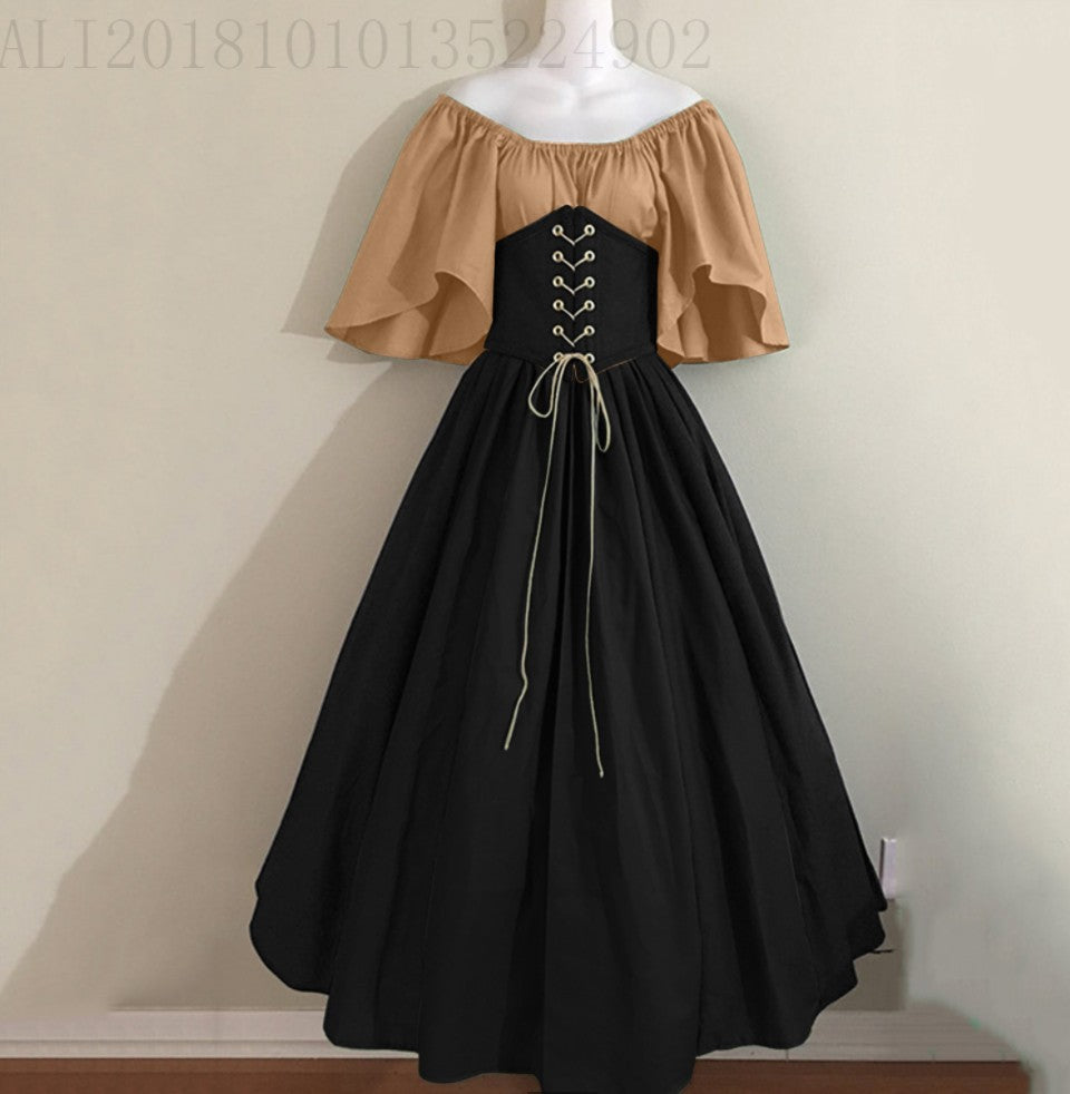 Women's Contrast Patchwork Flying Sleeves Cinched Swing Dresses