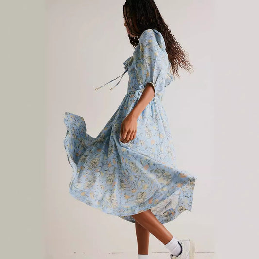 Autumn Exposed Back Ruffled Square Collar Printed Dresses