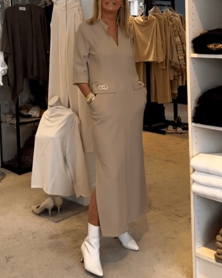 Autumn Fashion Simple Temperament Lapel Button Dresses