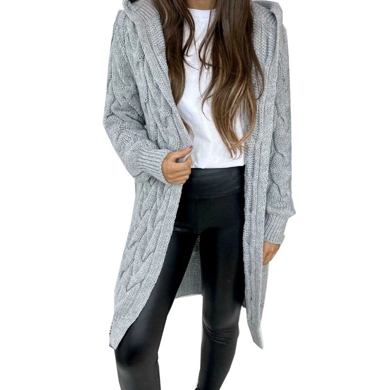 Mid-length Solid Color Twist Hooded Knit Sweaters