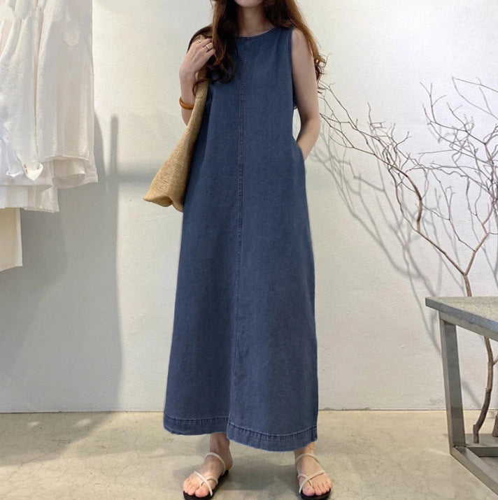 Neck Sleeveless Loose Pockets Long Pullover Bohemian Dresses
