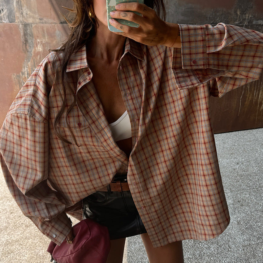 Retro Plaid Long Sleeve Design Sense Blouses