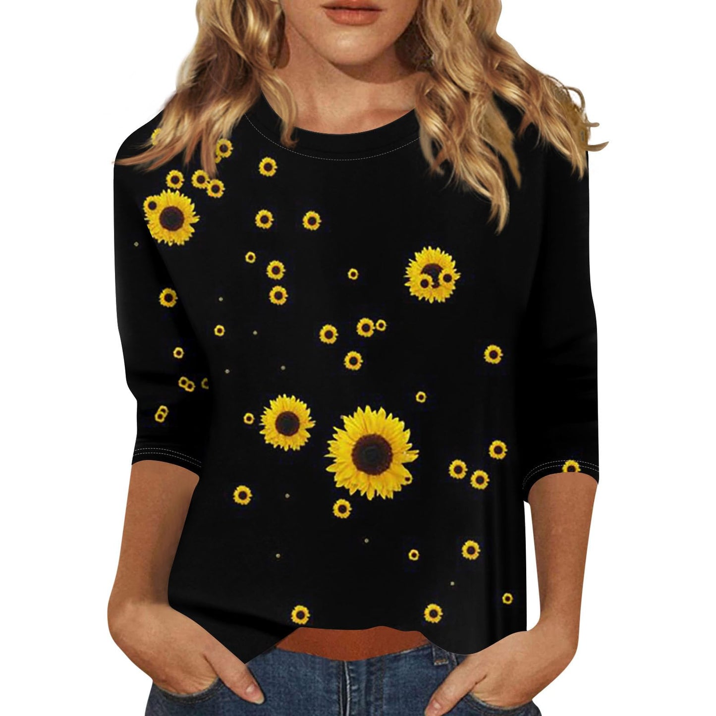 Women's Printed Sleeves Loose Crew Neck Casual Blouses