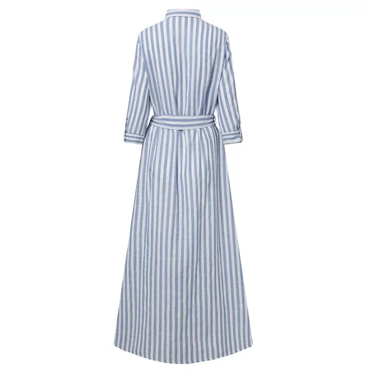Collar Temperament Cotton Linen Stripes Bohemian Three-quarter Dresses