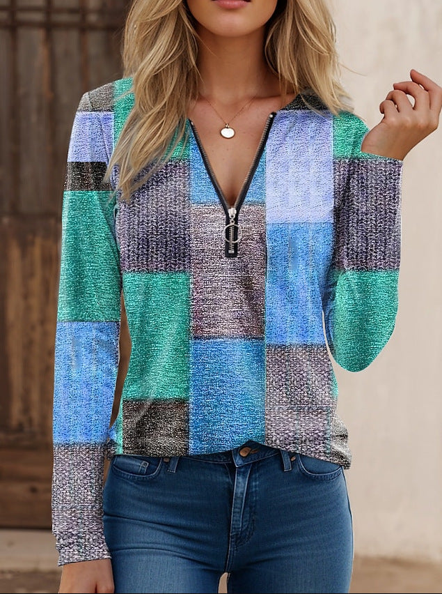 Women's Fashion Casual Loose Printed Zipper Cashmere Blouses