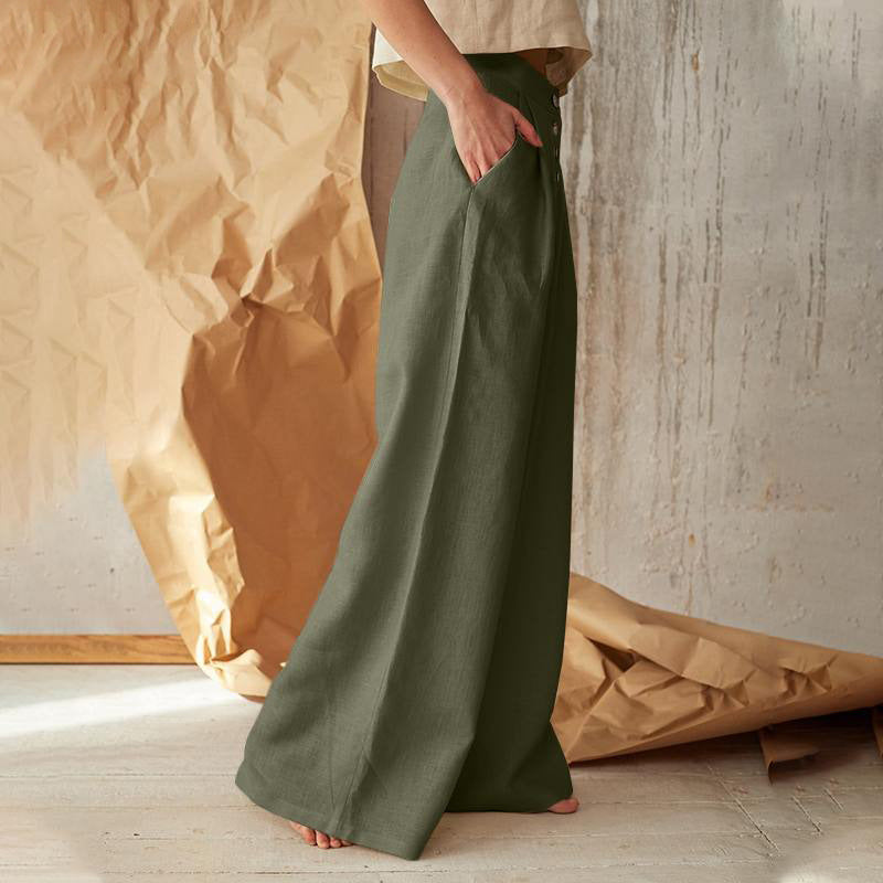 Women's High Waist Casual Button Cotton Linen Pants