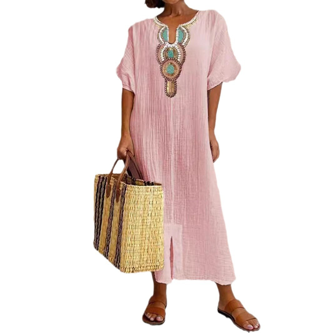 Cotton Linen Embroidery Split Dress Optional Dresses