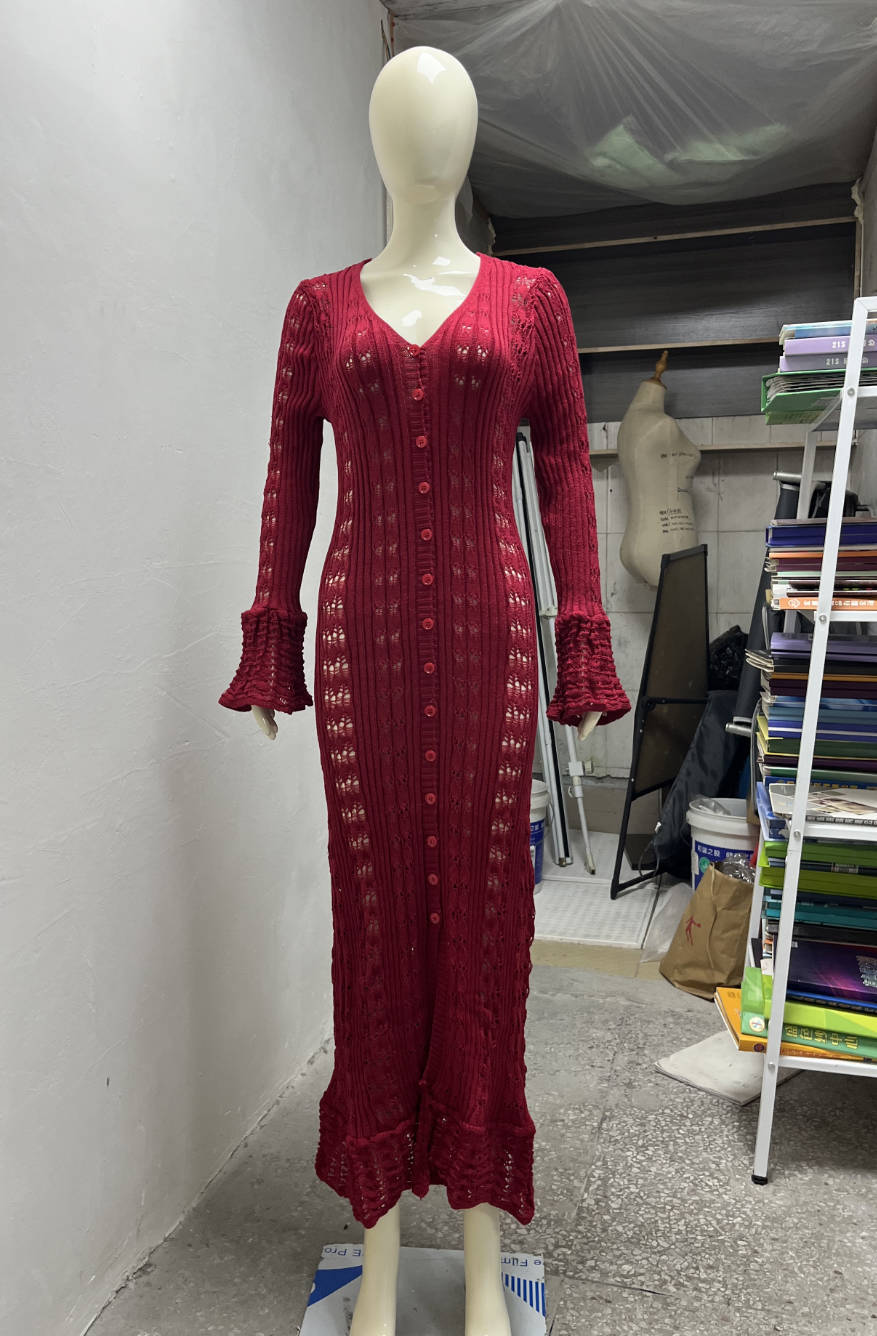 Style Vacation Hollow Bell Sleeve Woolen Dresses