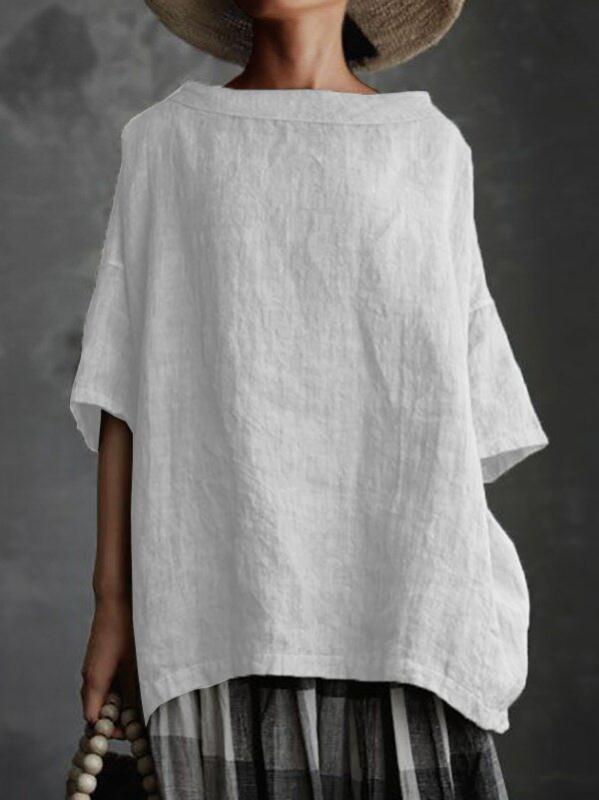 Women's Neck Cotton Linen Style Solid Color Blouses