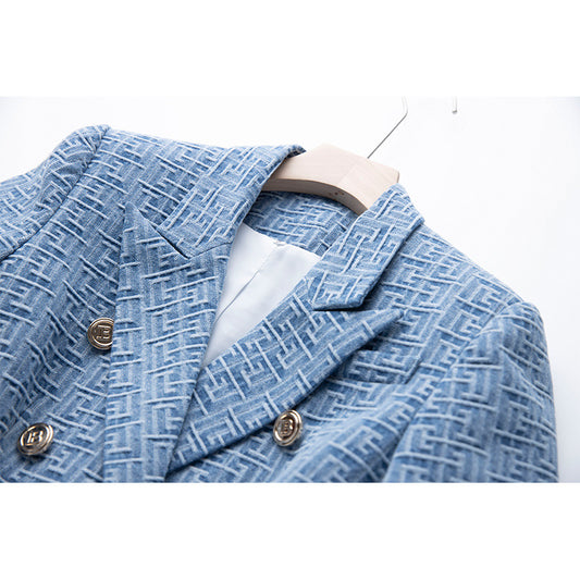Women's Small Intellectual Padded Shoulder Elegant Denim Blazers